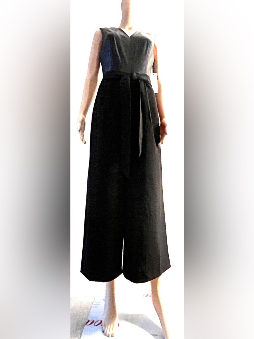 Calvin Klein Black Faux Leather Top Belted Wide Leg Jumpsuit Sz:16